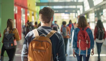 Rentrée scolaire avec des enfants écoliers dans le couloir d'une école