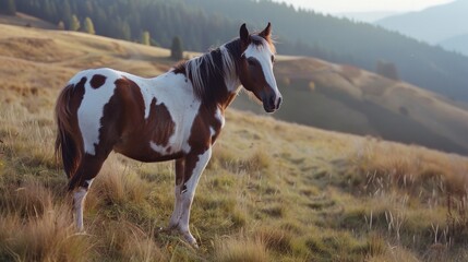 A striking white and brown horse stands majestically in a lush, green pasture with rolling hills and a dense forest in the background, basking in the soft glow of golden hour.