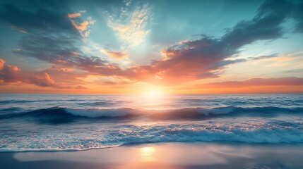 Obraz premium A beautiful sunset over the ocean with soft, foamy waves lapping on the sandy shore.