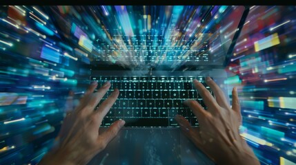 Vibrant and colorful light trails radiate from a laptop keyboard as hands type, suggesting a dynamic and fast-paced digital environment.