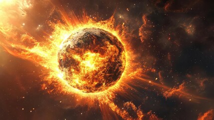 Obraz premium Fiery star on collision course with Earth close-up cosmic chaos