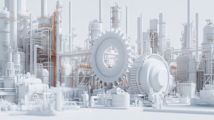 A realistic 3D effect showing factories and industrial structures aligned with a large gear, emphasizing the mechanics of industry on a white backdrop