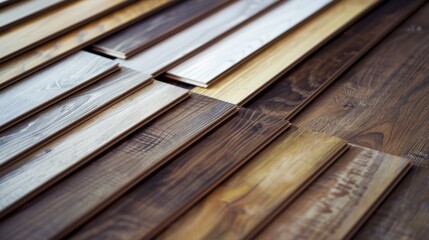 A close-up of wooden floor panels arranged in a gradient of light to dark shades, showcasing various wood textures and colors.