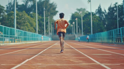 Obraz premium A runner in an energetic stride on a track during the day, under a bright sky, symbolizing movement and determination.