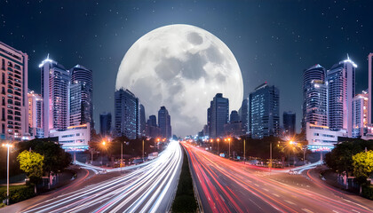 Fototapeta premium Trendy Cute seamless pattern, streams of light trail in the city at night with big moonlight.