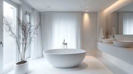 A serene all-white bathroom interior with a freestanding tub, enhanced by soft recessed lighting for a calming effect.