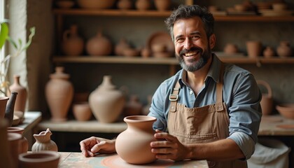 A passionate potter beams with pride beside a beautiful pottery piece in his studio, with earthy tones highlighting his joyful expression.