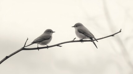 Fototapeta premium A simple, elegant image of two birds sitting together on a branch, with a plain, neutral background enhancing the focus on the birds.