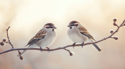Fototapeta premium A simple, elegant image of two birds sitting together on a branch, with a plain, neutral background enhancing the focus on the birds.