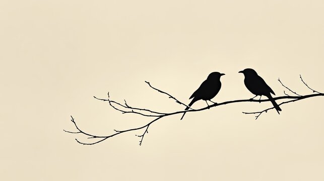 A simple, elegant image of two birds sitting together on a branch, with a plain, neutral background enhancing the focus on the birds.