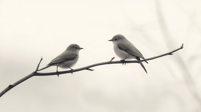 A simple, elegant image of two birds sitting together on a branch, with a plain, neutral background enhancing the focus on the birds.
