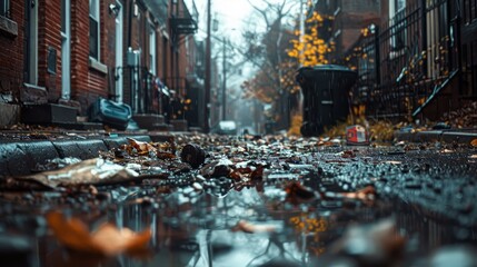 Wet autumn alleyway filled with fallen leaves and scattered debris on a rainy day