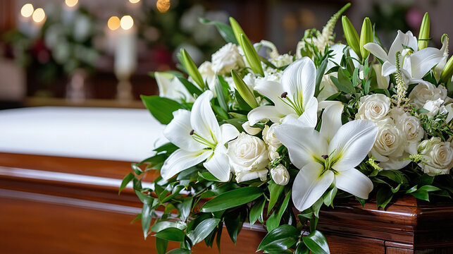 an elegant bouquet of white lilies and roses arranged on a polished wooden casket in a serene, softly lit funeral home