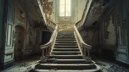 Abandoned grand staircase in an old, deteriorating mansion during daylight