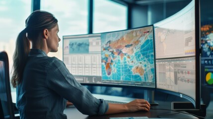 An individual works with multiple monitors displaying various global data projections and maps, indicating high-level analysis and technology use.