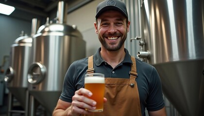 A proud brewmaster smiles with a freshly poured craft beer in front of brewing equipment, as shiny tanks create an industrial backdrop.