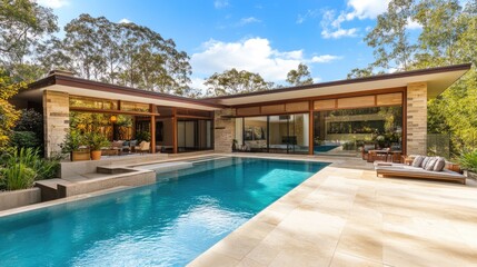 A stunning luxury home with a sparkling swimming pool, set within modern architectural design, ideal for premium real estate.