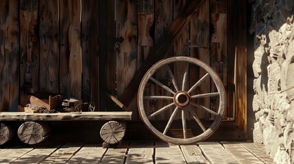 Obraz premium A rustic wooden wagon wheel rests against an old wooden wall, evoking nostalgia and a sense of historical charm.