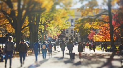 Obraz premium Students enjoy a crisp autumn day, walking amongst amber leaves and colorful trees on a bustling university campus.