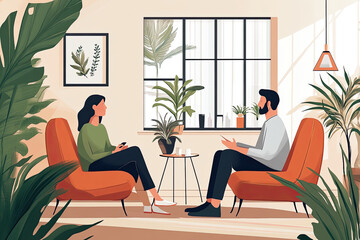 A serene and calming image of a modern psychotherapy session in a comfortable therapy room, with a therapist and client engaged in conversation during a holistic psychotherapy session