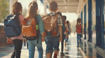 School children with backpacks walk down a sunlit school corridor, their backs turned towards the camera, symbolizing education and camaraderie.