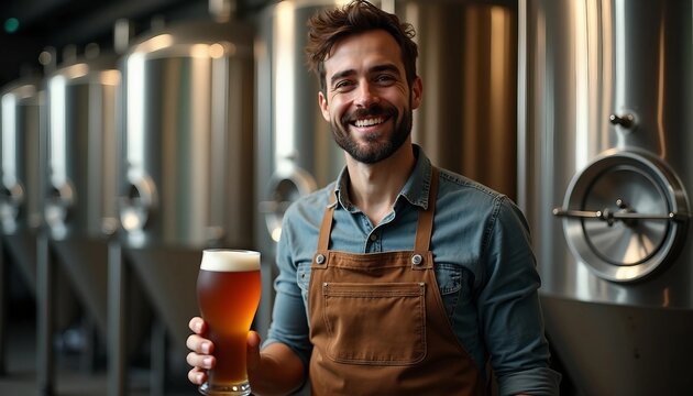 A proud brewmaster smiles with a freshly poured craft beer in front of brewing equipment, as shiny tanks create an industrial backdrop.