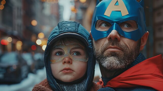 Father and son dressed as superheroes in a city during winter festivities at night