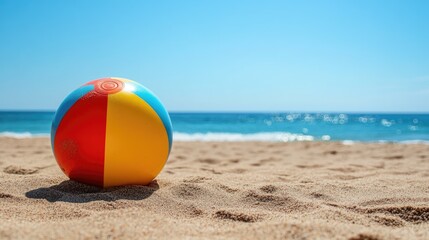 A vivid beach ball on the sand, with the sea and clear blue sky creating the perfect backdrop for a summer day.