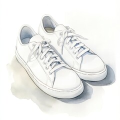 Pair of clean white sneakers, minimal details, Watercolor style