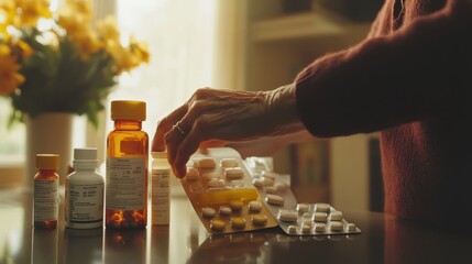 An elderly individual sorts various prescription bottles and pills, ensuring proper medication management