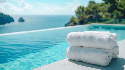 White towels stacked beside a tranquil pool overlooking a scenic ocean view