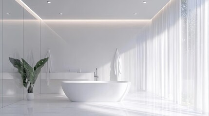 Fototapeta premium An all-white bathroom with a freestanding bathtub and recessed lighting, creating a clean and serene atmosphere.