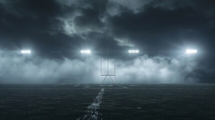 A foggy football field under moody lights, goalposts standing tall and lonely, the scene quiet and shrouded in mist, creating a suspenseful atmosphere.