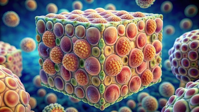 Microscopic image of epithelial tissue, showcasing closely packed, cube-shaped cells with prominent nuclei, forming a protective lining on internal and external body surfaces.