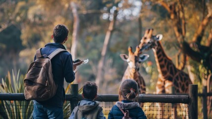 A man with two children at the zoo watching giraffes. Man uses cellphone to capture moment, giraffe interacts with family.