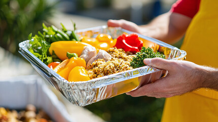 close-up of  volunteers distributing food at a community center, charity