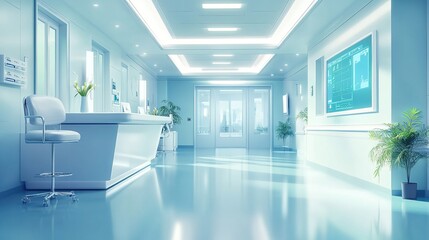 Fototapeta premium Clean and Modern Hospital Corridor: A minimalist and sterile corridor in a hospital setting, featuring a reception desk, chairs, and a digital screen