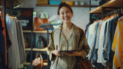 Fototapeta premium A cheerful woman stands in a clothing store, holding a tablet, surrounded by stylish clothes and accessories, showcasing her warm smile and friendly demeanor.