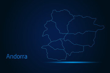 Abstract High Detailed Glow Blue Map on Dark Background of Map of Andorra symbol for your web site design map logo, app, Travel. Vector illustration eps 10.
