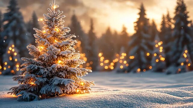 Snow falling on illuminated christmas tree at sunset