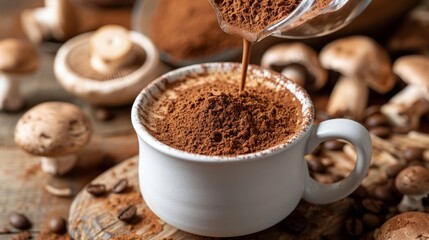 Pouring powdered mushroom blend into a white cup surrounded by coffee beans and mushrooms