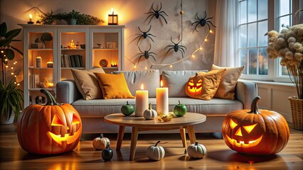 Happy Halloween decorations in living room with Jack o lantern pumpkin, glowing ghosts, and spiders on table