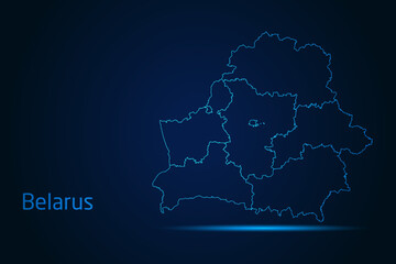 Abstract High Detailed Glow Blue Map on Dark Background of Map of Belarus symbol for your web site design map logo, app, Travel. Vector illustration eps 10.