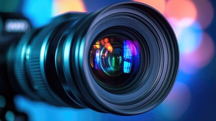 Detailed shot of a video camera lens in action, recording a live interview, with reflections of the studio lights visible.