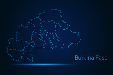 Abstract High Detailed Glow Blue Map on Dark Background of Map of Burkina Faso symbol for your web site design map logo, app, Travel. Vector illustration eps 10.