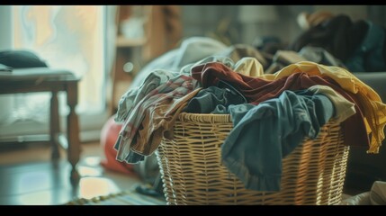 A messy living room with colorful clothes in a wicker basket, scattered around furniture. Creates a lived-in atmosphere with poor lighting.
