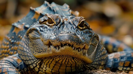 Obraz premium Close-up of a vibrant caiman resting on the forest floor in the afternoon light