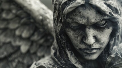 A detailed view of an angel's face, with intricate features and wings