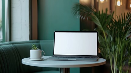 Fototapeta premium Minimalist Laptop Setup with Green Plants on a White Table