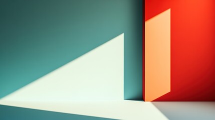 Obraz premium Abstract Minimalism: A composition of vibrant red and teal hues, punctuated by crisp, angular shadows, creating a dynamic interplay of light and form.